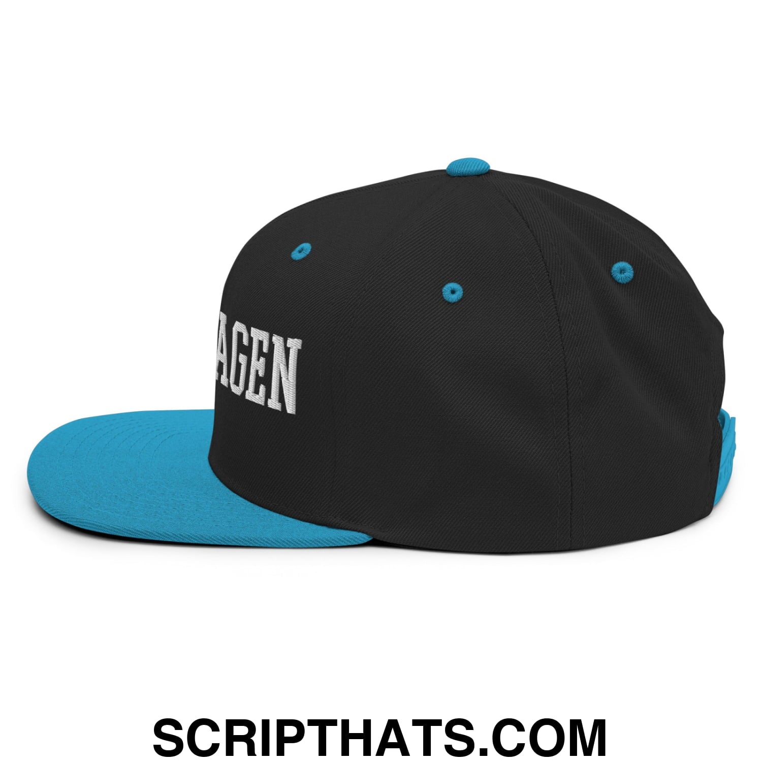Copenhagen Varsity College Block Embroidered Flat Bill Brim Snapback Hat Black Teal