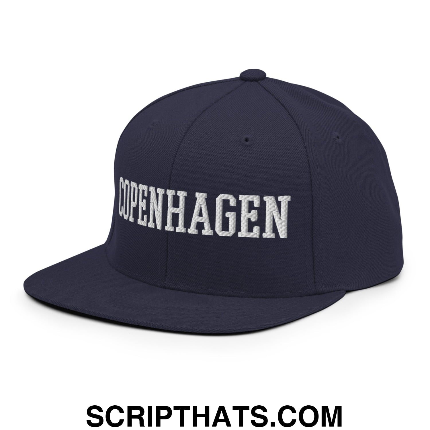 Copenhagen Varsity College Block Embroidered Flat Bill Brim Snapback Hat Navy