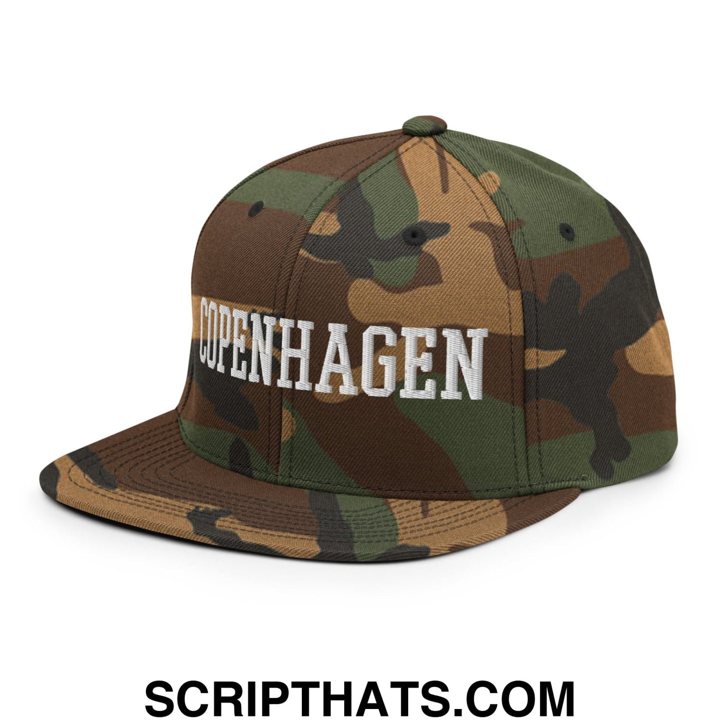 Copenhagen Varsity College Block Embroidered Flat Bill Brim Snapback Hat Green Camo