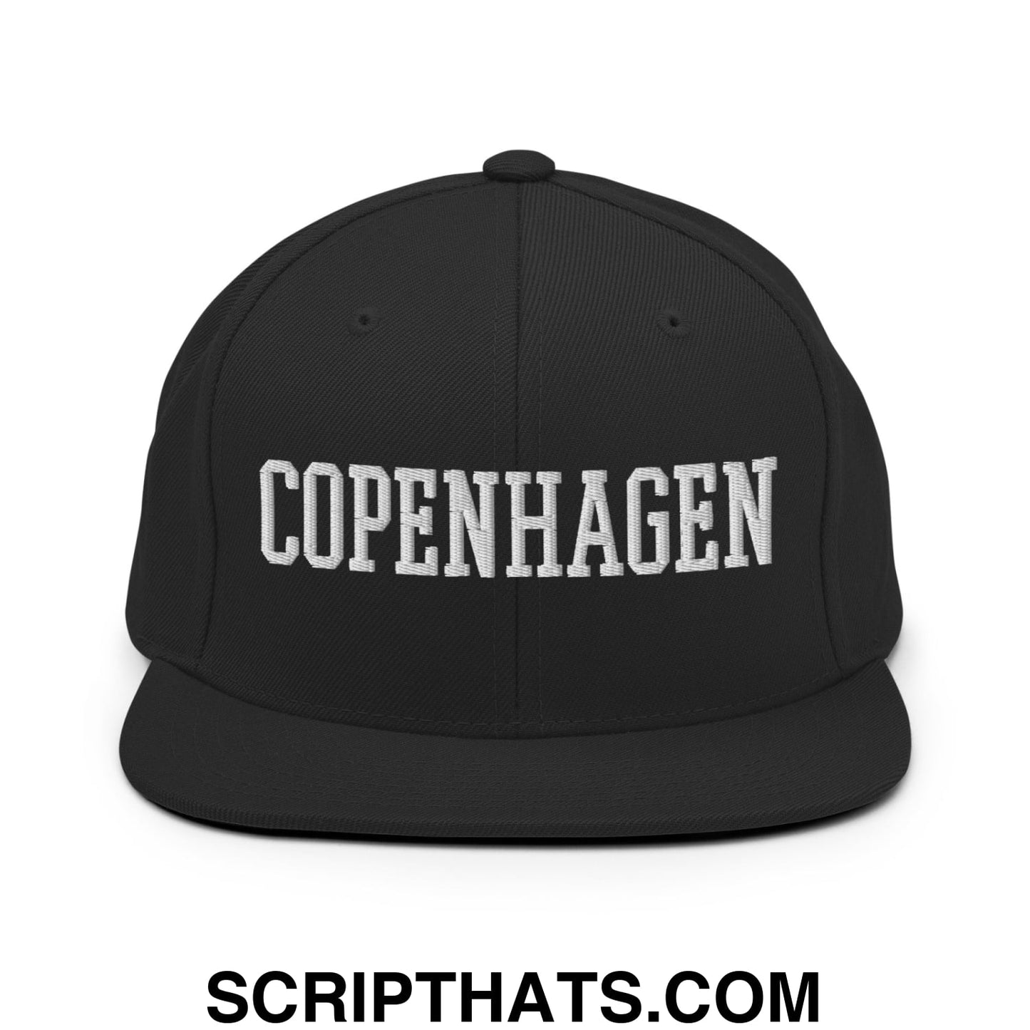 Copenhagen Varsity College Block Embroidered Flat Bill Brim Snapback Hat Black