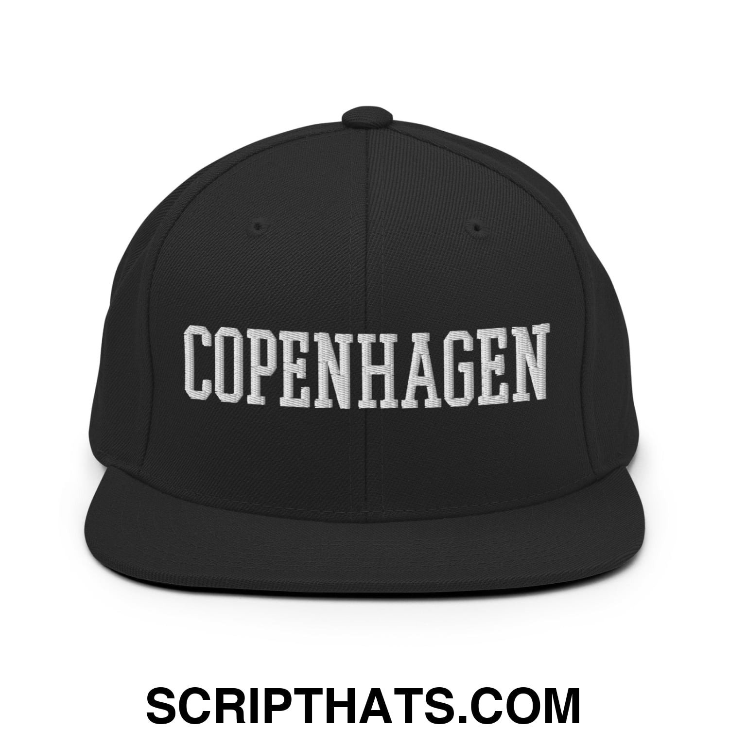 Copenhagen Varsity College Block Embroidered Flat Bill Brim Snapback Hat Black