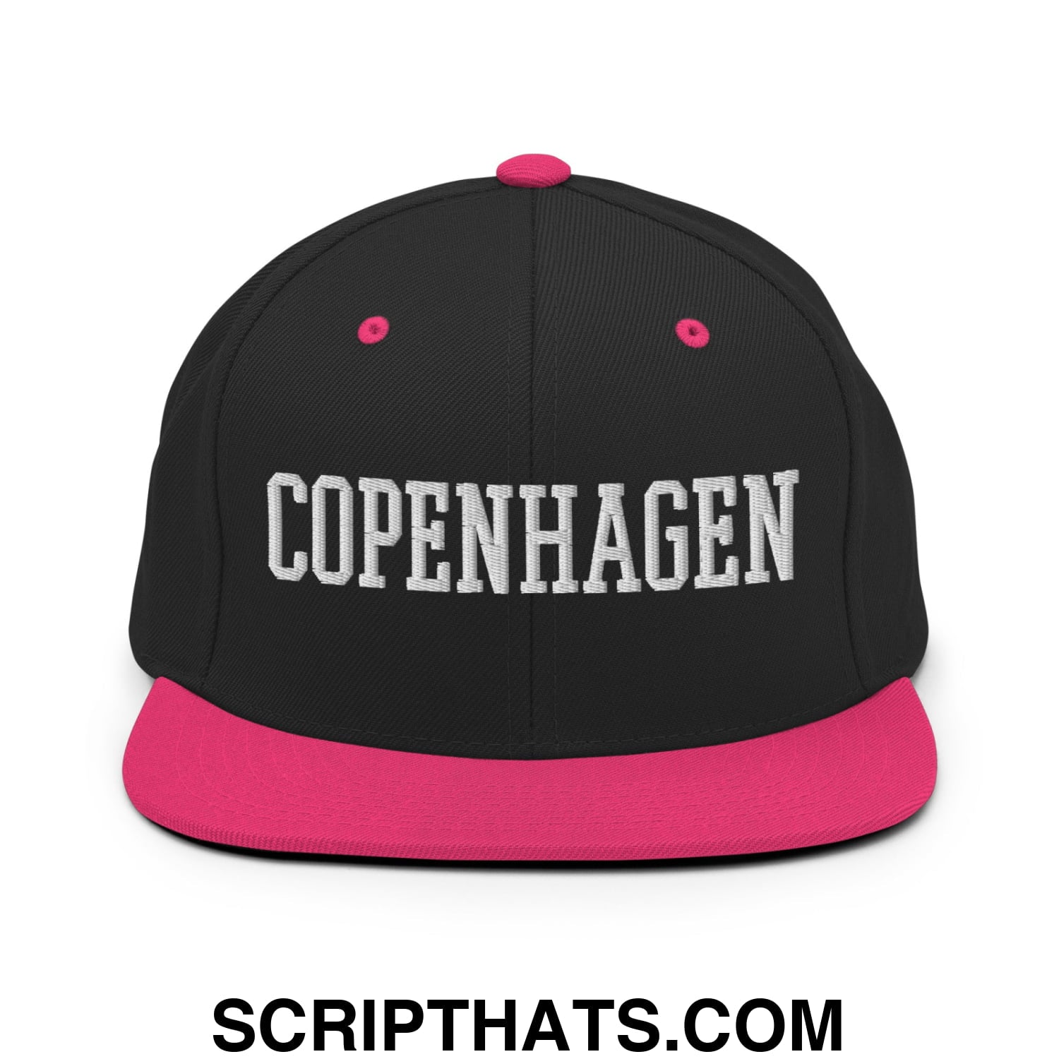 Copenhagen Varsity College Block Embroidered Flat Bill Brim Snapback Hat Black Neon Pink