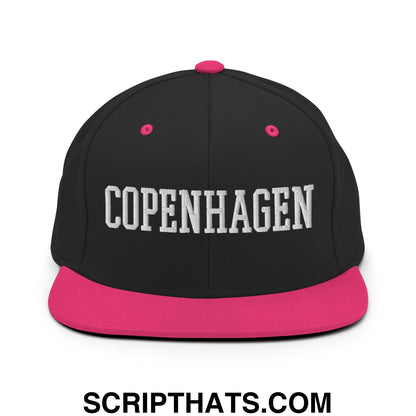Copenhagen Varsity College Block Embroidered Flat Bill Brim Snapback Hat Black Neon Pink