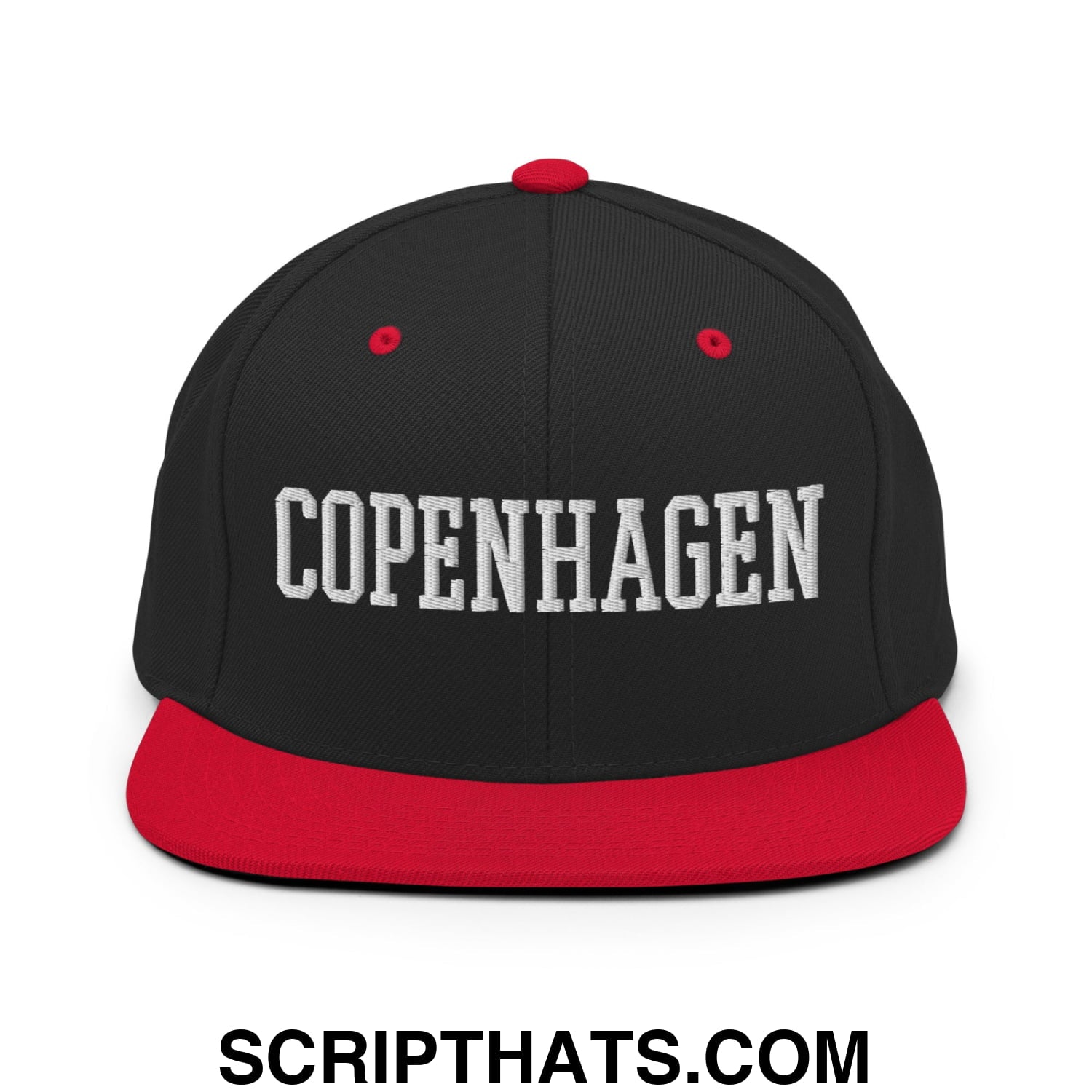 Copenhagen Varsity College Block Embroidered Flat Bill Brim Snapback Hat Black Red