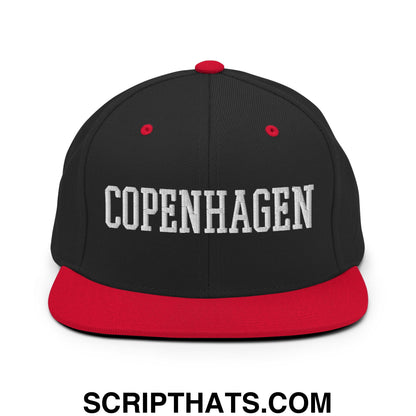 Copenhagen Varsity College Block Embroidered Flat Bill Brim Snapback Hat Black Red