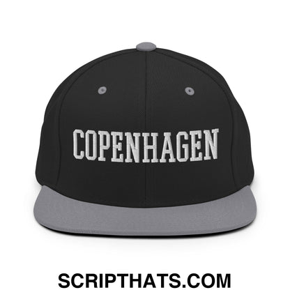 Copenhagen Varsity College Block Embroidered Flat Bill Brim Snapback Hat Black Silver