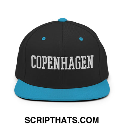 Copenhagen Varsity College Block Embroidered Flat Bill Brim Snapback Hat Black Teal