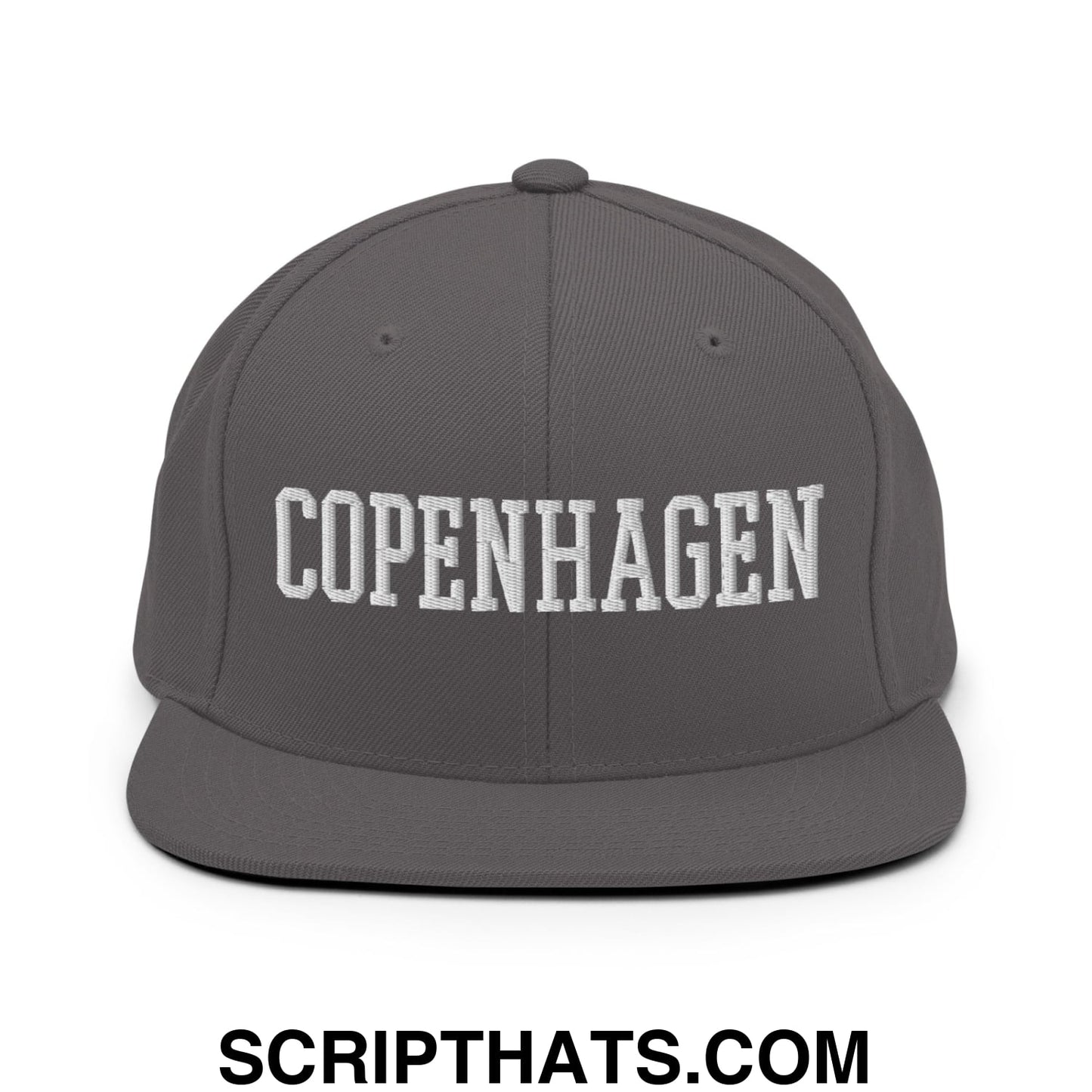 Copenhagen Varsity College Block Embroidered Flat Bill Brim Snapback Hat Dark Grey