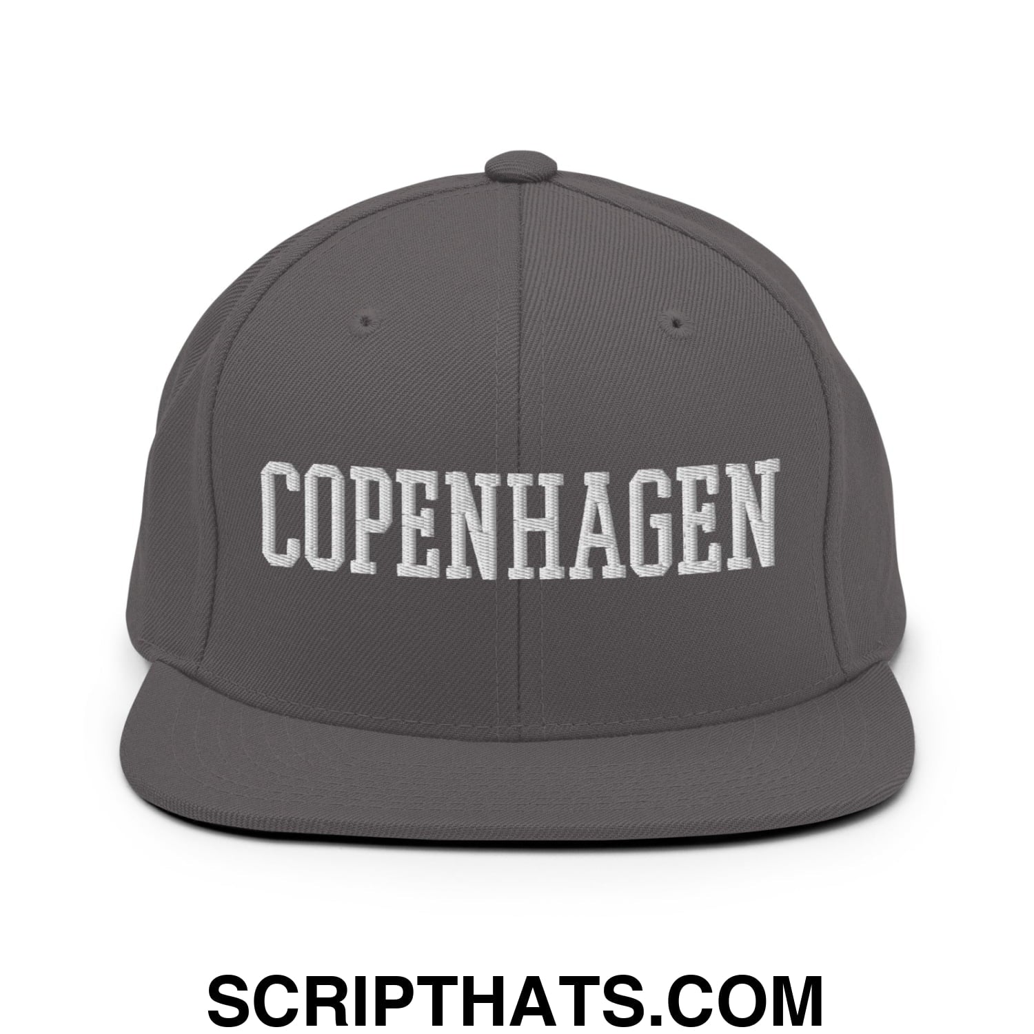 Copenhagen Varsity College Block Embroidered Flat Bill Brim Snapback Hat Dark Grey
