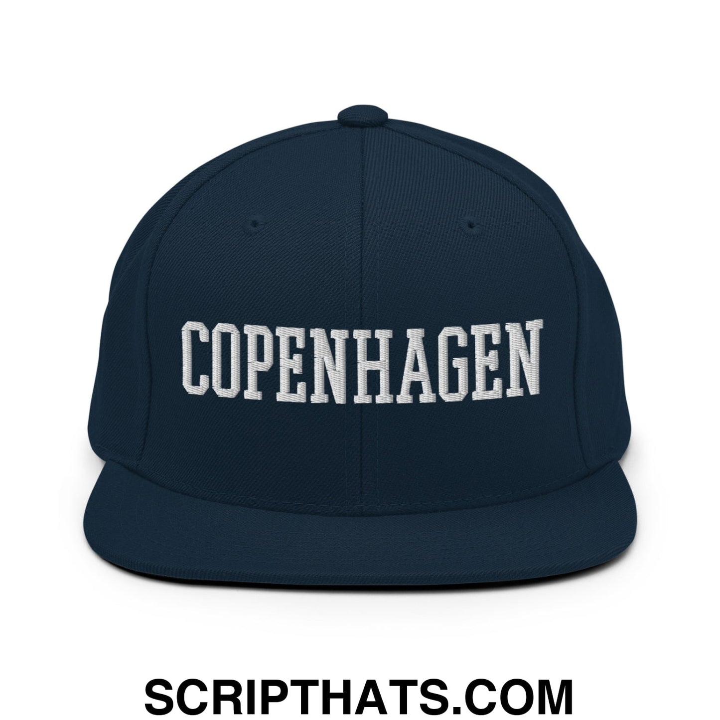 Copenhagen Varsity College Block Embroidered Flat Bill Brim Snapback Hat Dark Navy