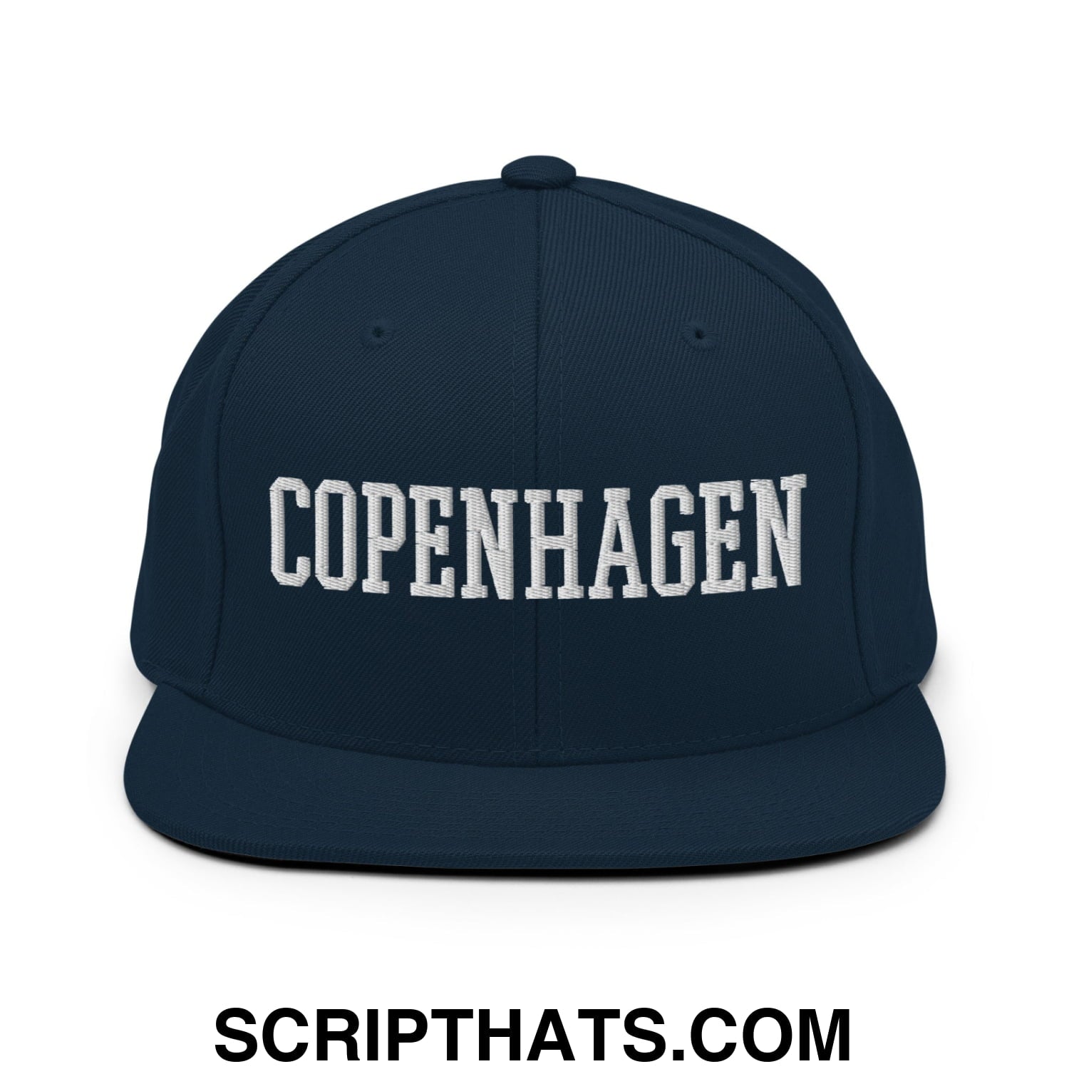 Copenhagen Varsity College Block Embroidered Flat Bill Brim Snapback Hat Dark Navy
