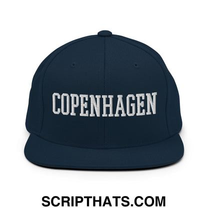 Copenhagen Varsity College Block Embroidered Flat Bill Brim Snapback Hat Dark Navy