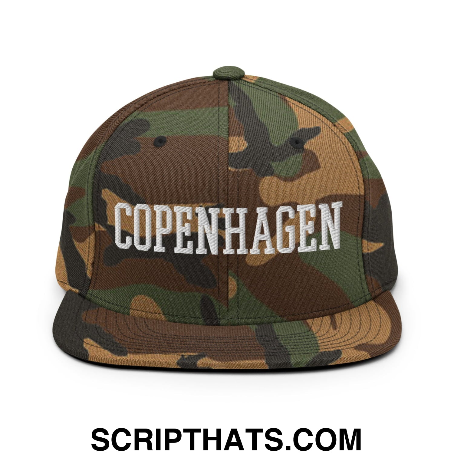 Copenhagen Varsity College Block Embroidered Flat Bill Brim Snapback Hat Green Camo