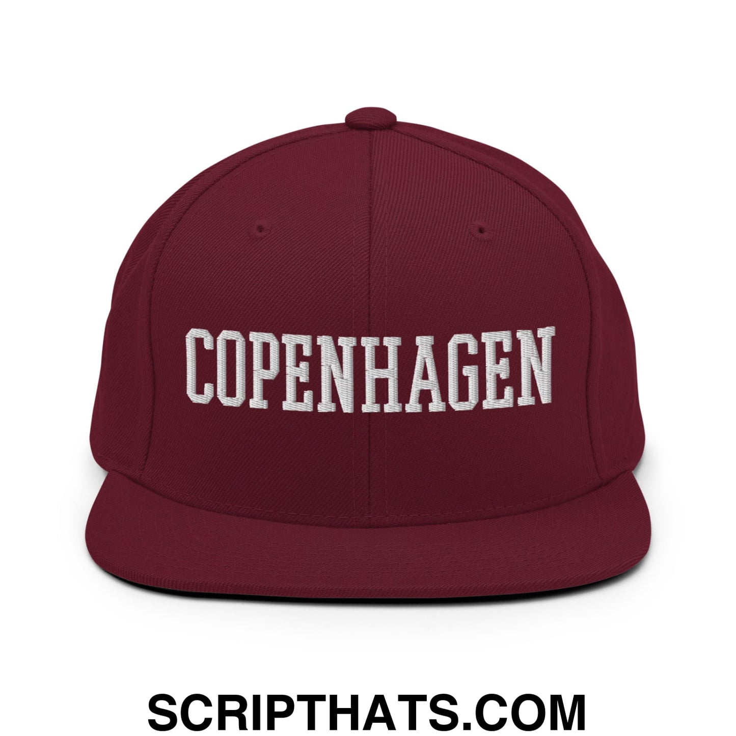 Copenhagen Varsity College Block Embroidered Flat Bill Brim Snapback Hat Maroon