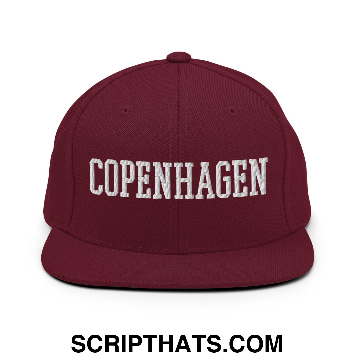 Copenhagen Varsity College Block Embroidered Flat Bill Brim Snapback Hat Maroon