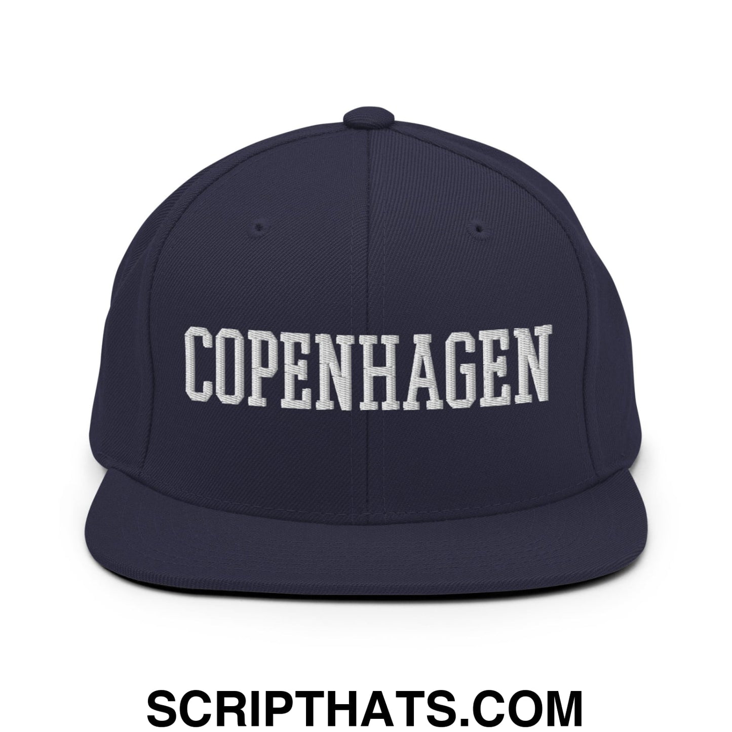 Copenhagen Varsity College Block Embroidered Flat Bill Brim Snapback Hat Navy
