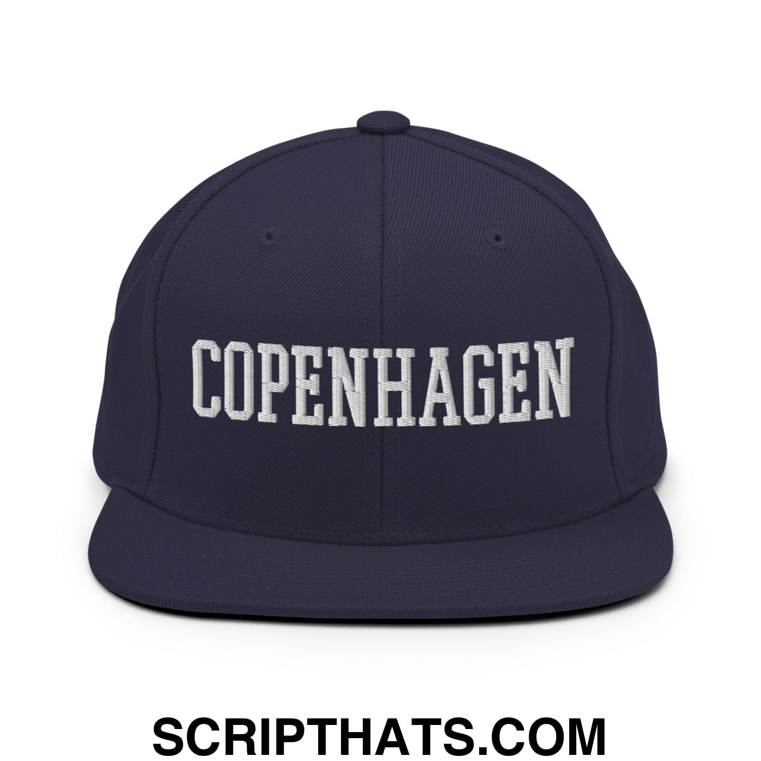 Copenhagen Varsity College Block Embroidered Flat Bill Brim Snapback Hat Navy