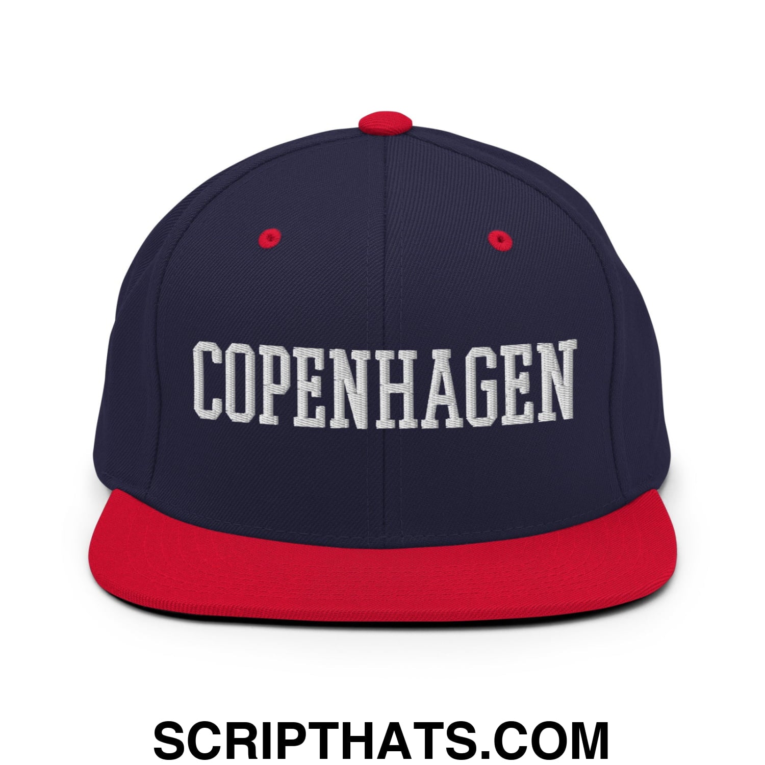 Copenhagen Varsity College Block Embroidered Flat Bill Brim Snapback Hat Navy Red