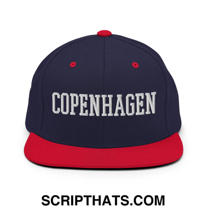Copenhagen Varsity College Block Embroidered Flat Bill Brim Snapback Hat Navy Red