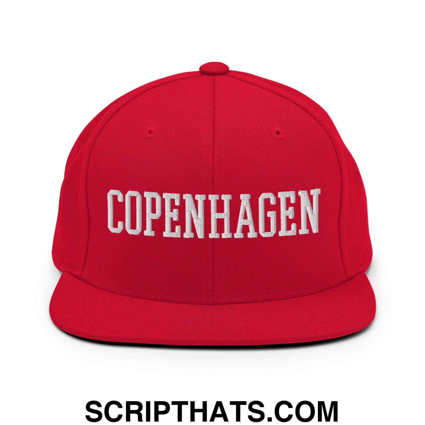 Copenhagen Varsity College Block Embroidered Flat Bill Brim Snapback Hat Red