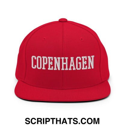 Copenhagen Varsity College Block Embroidered Flat Bill Brim Snapback Hat Red