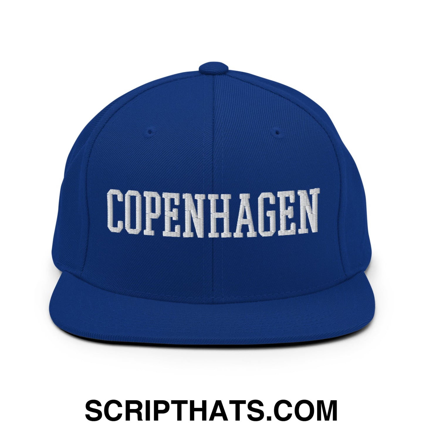 Copenhagen Varsity College Block Embroidered Flat Bill Brim Snapback Hat Royal Blue