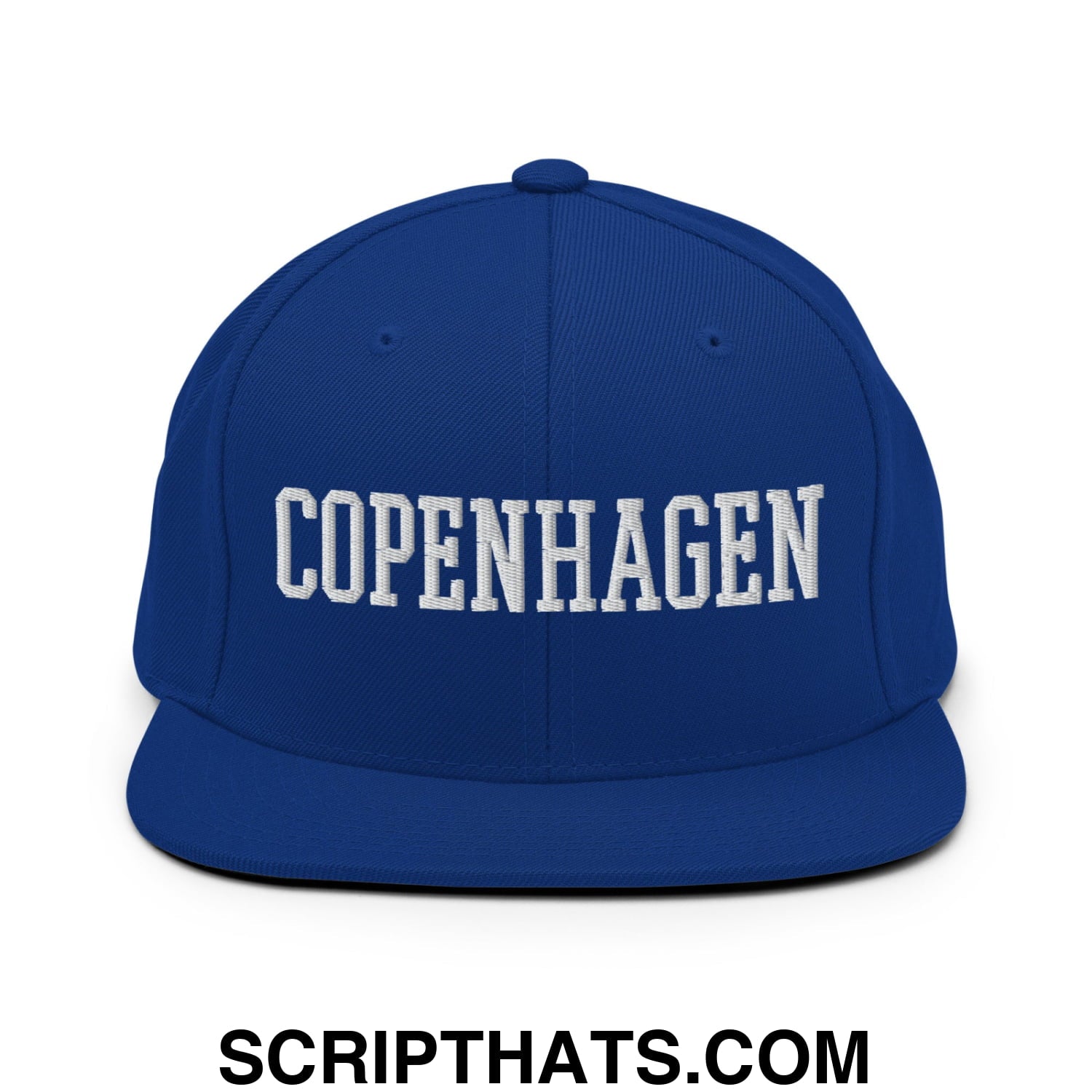 Copenhagen Varsity College Block Embroidered Flat Bill Brim Snapback Hat Royal Blue