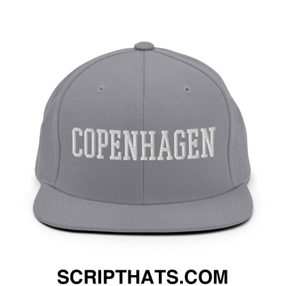 Copenhagen Varsity College Block Embroidered Flat Bill Brim Snapback Hat Silver