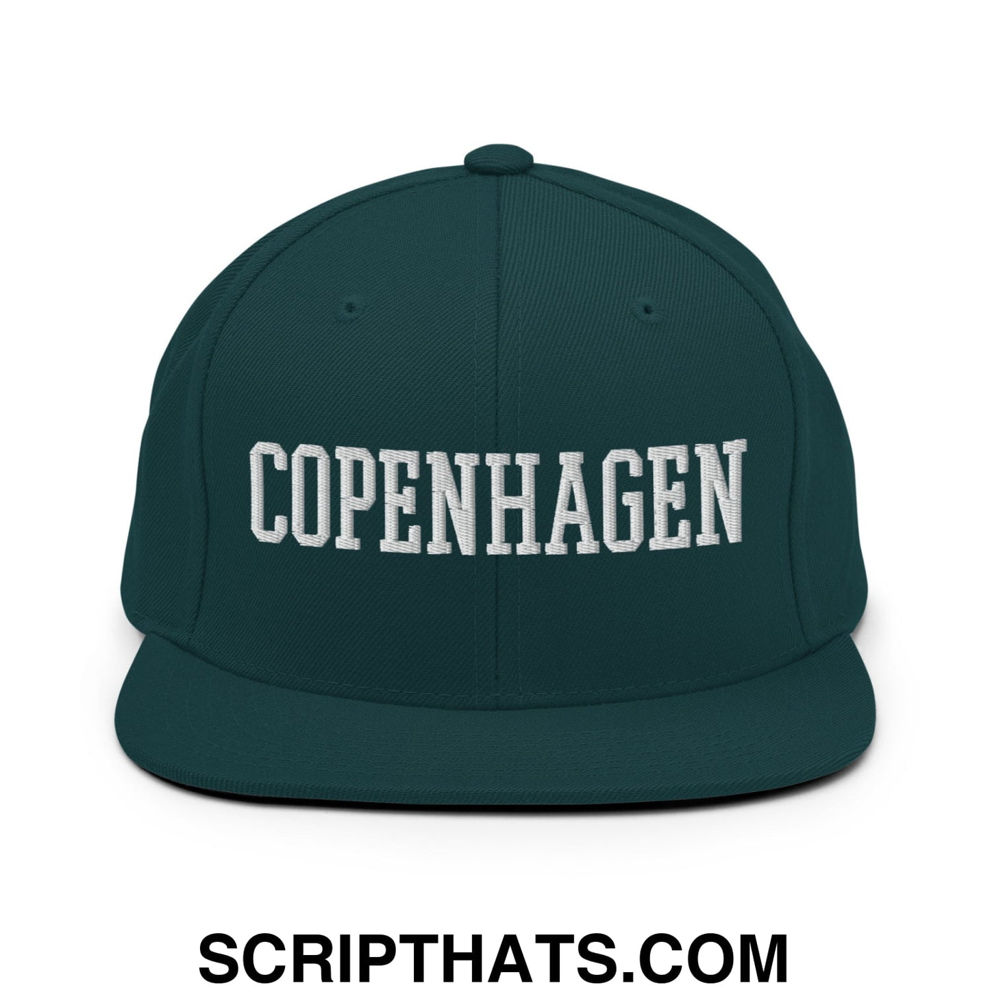 Copenhagen Varsity College Block Embroidered Flat Bill Brim Snapback Hat Spruce