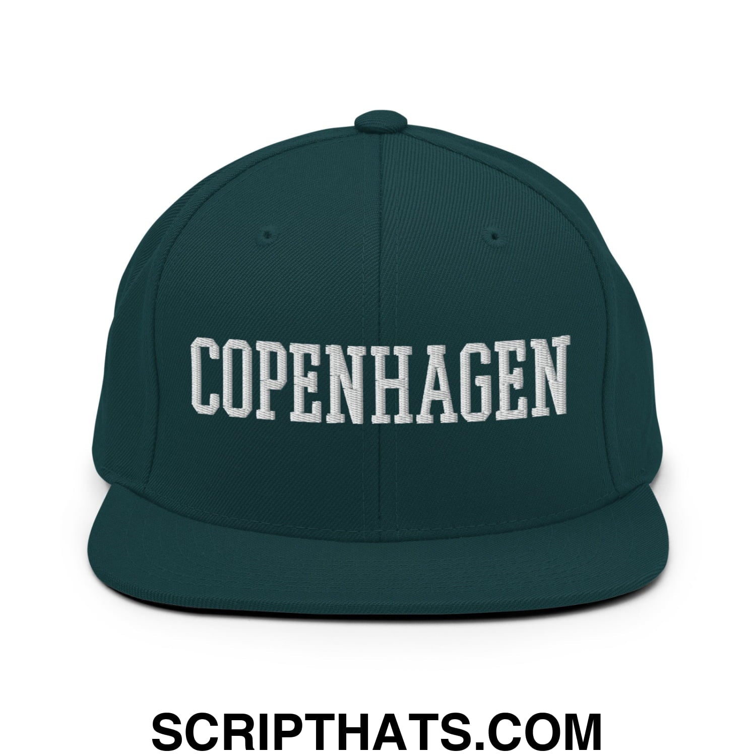 Copenhagen Varsity College Block Embroidered Flat Bill Brim Snapback Hat Spruce