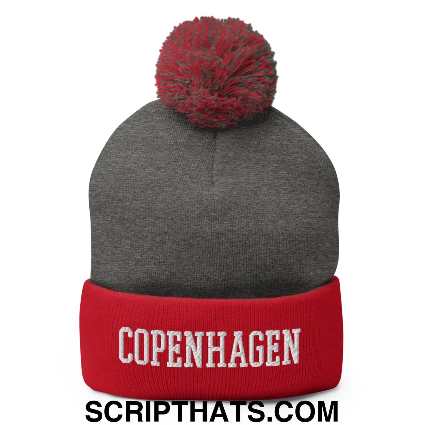 Copenhagen Varsity College Block Embroidered Knit Pom Pom Beanie Dark Heather Grey Red