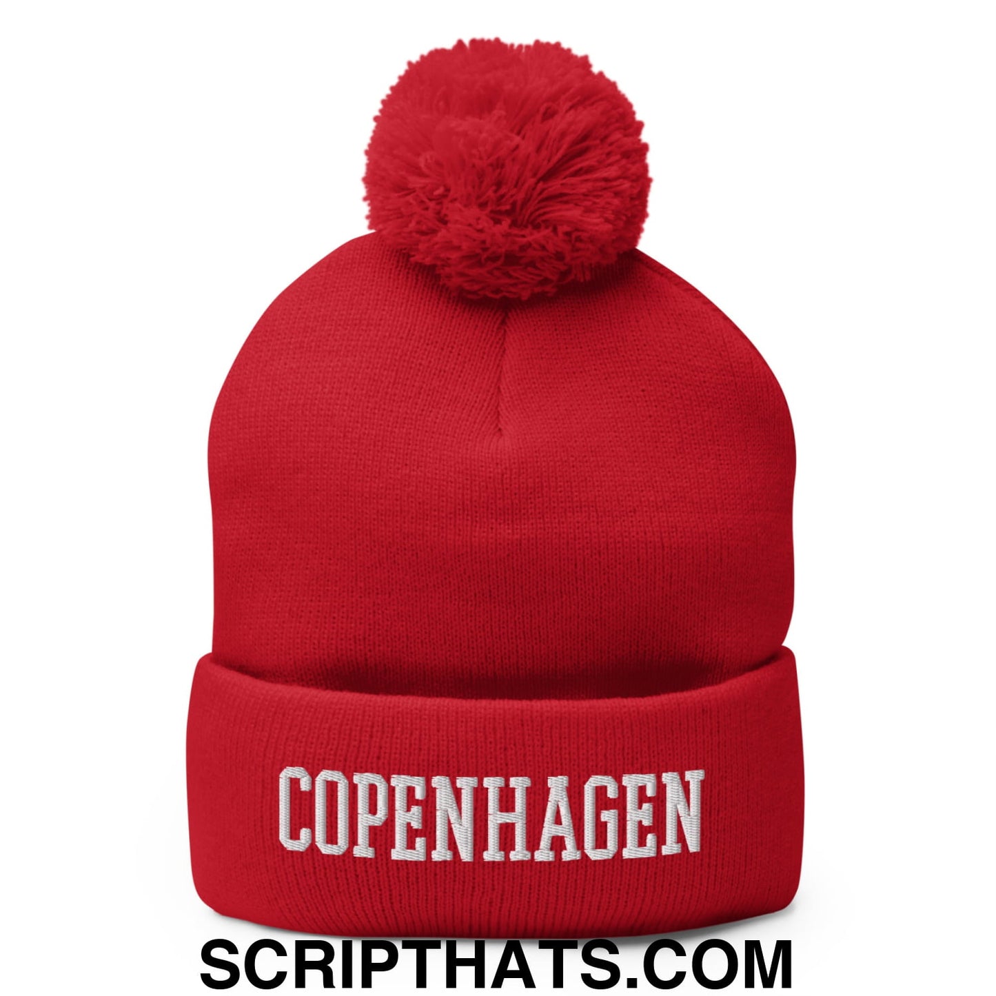 Copenhagen Varsity College Block Embroidered Knit Pom Pom Beanie Red