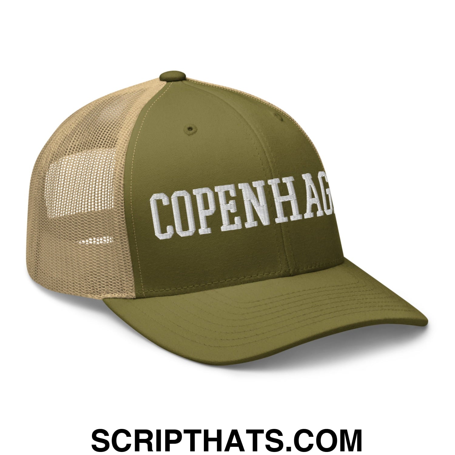 Copenhagen Varsity College Block Embroidered Mesh Trucker Hat Moss Khaki
