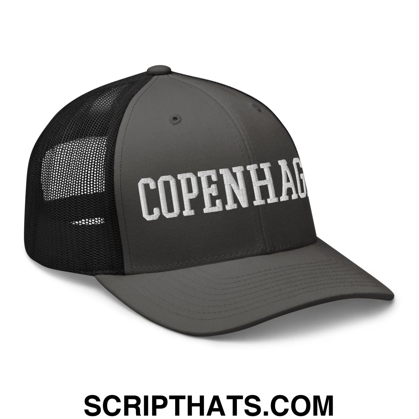 Copenhagen Varsity College Block Embroidered Mesh Trucker Hat Charcoal Black