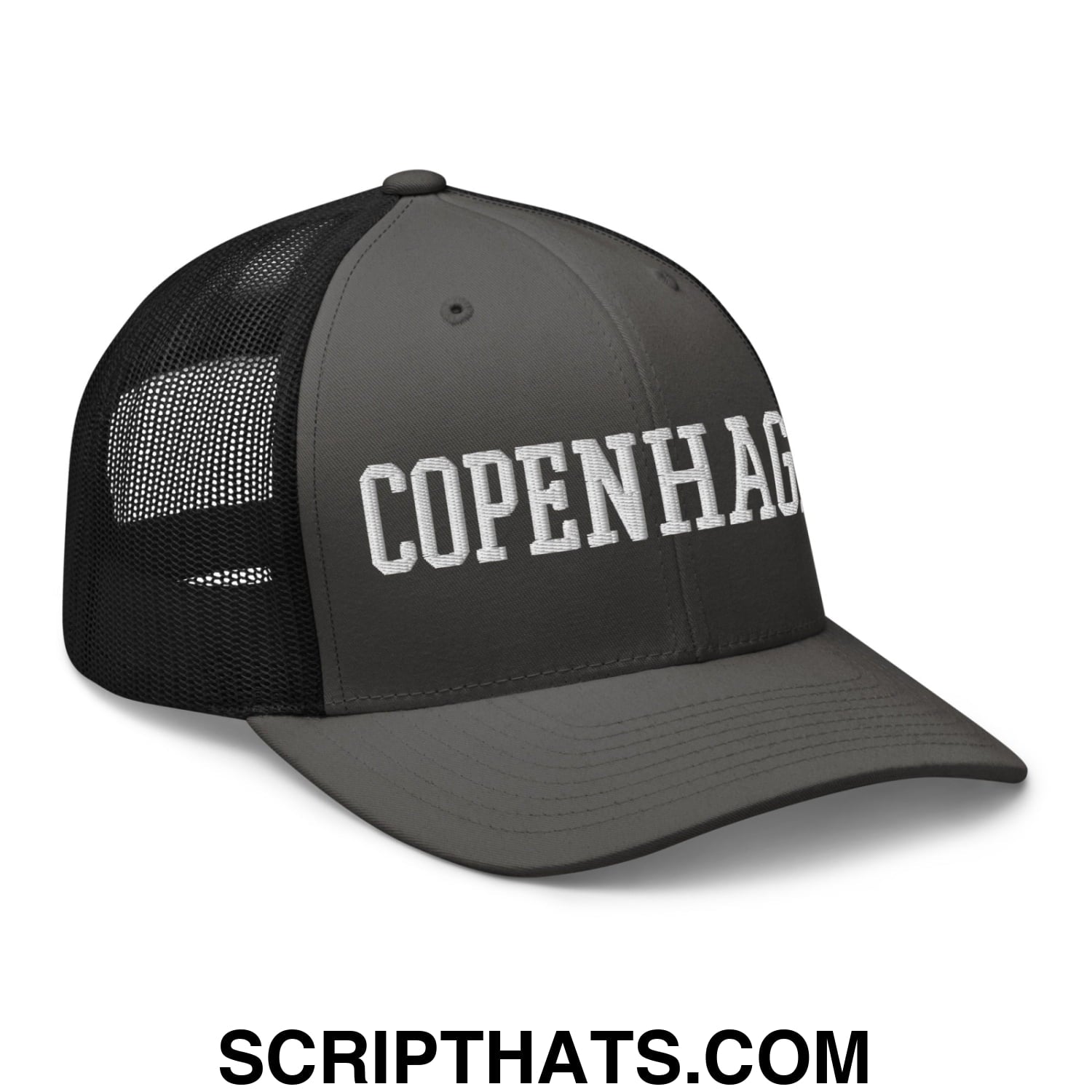 Copenhagen Varsity College Block Embroidered Mesh Trucker Hat Charcoal Black