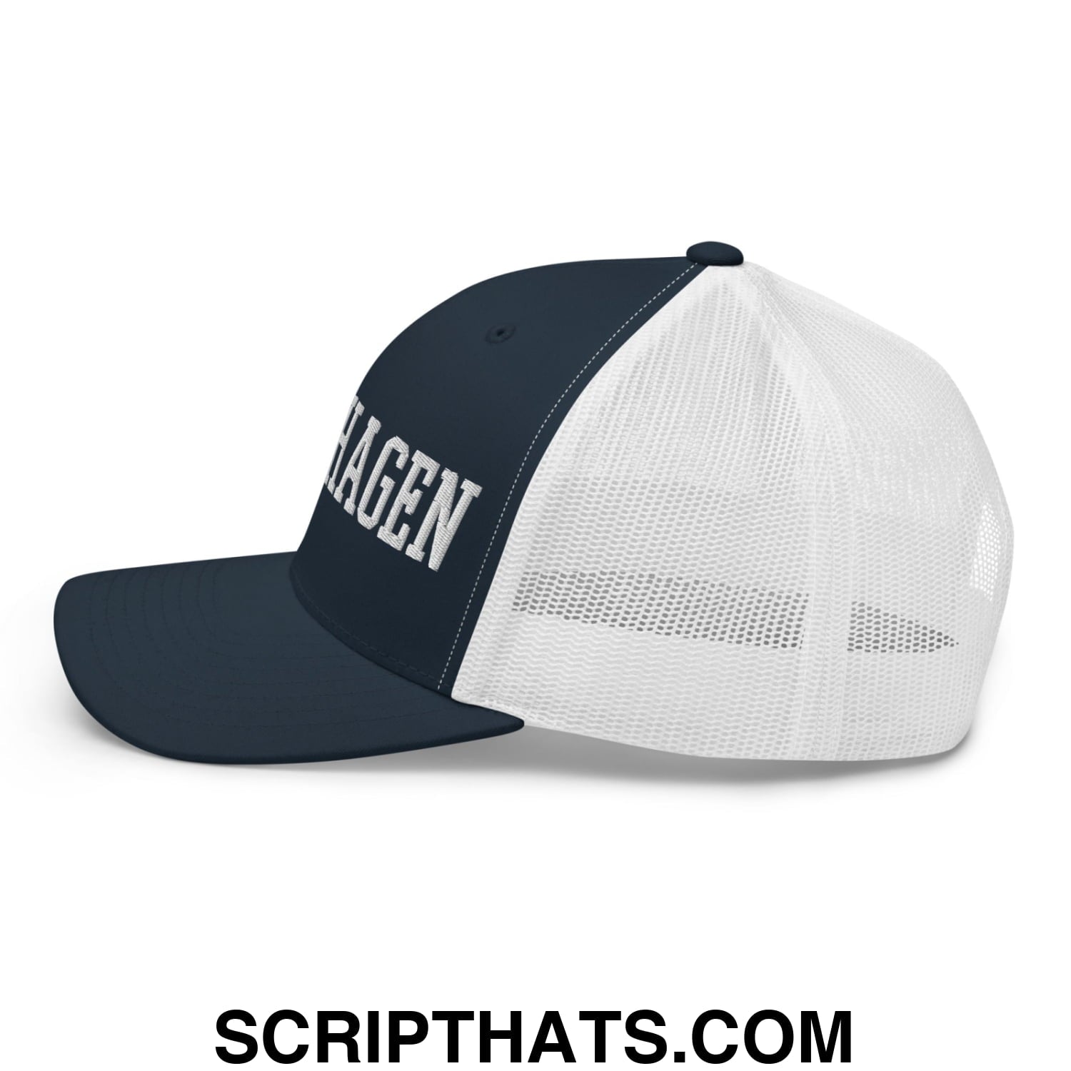 Copenhagen Varsity College Block Embroidered Mesh Trucker Hat Navy White