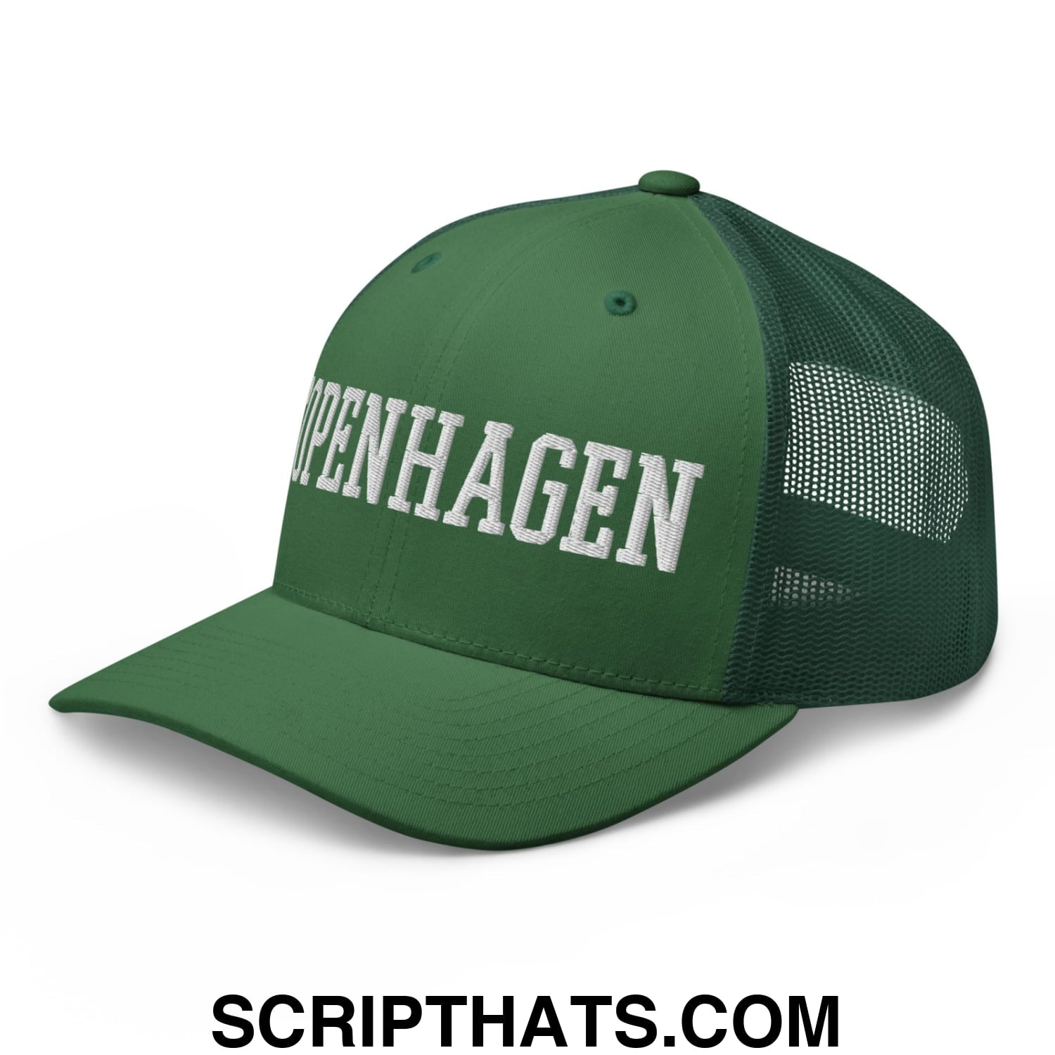 Copenhagen Varsity College Block Embroidered Mesh Trucker Hat Evergreen