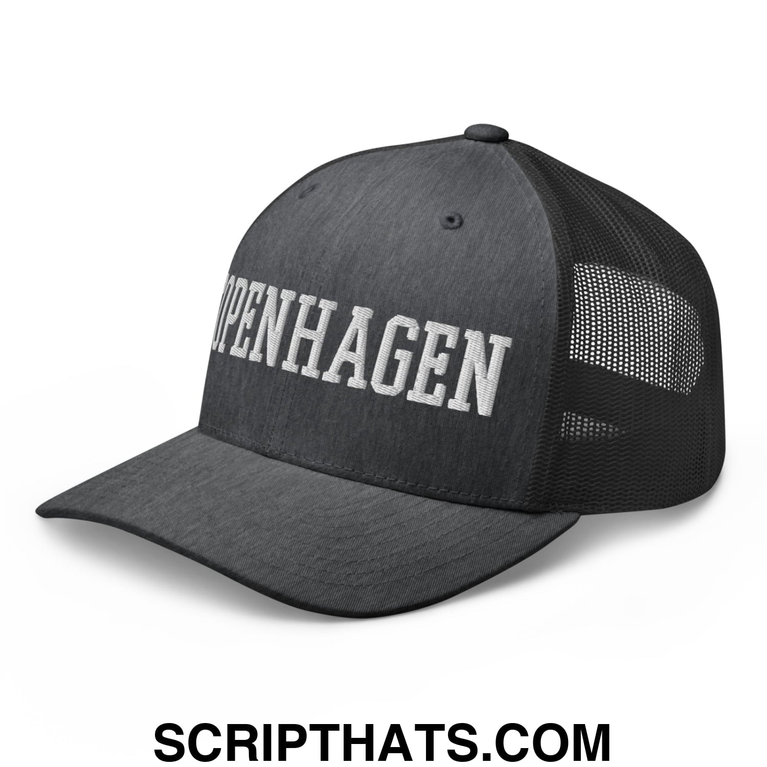 Copenhagen Varsity College Block Embroidered Mesh Trucker Hat Dark Heather Gray