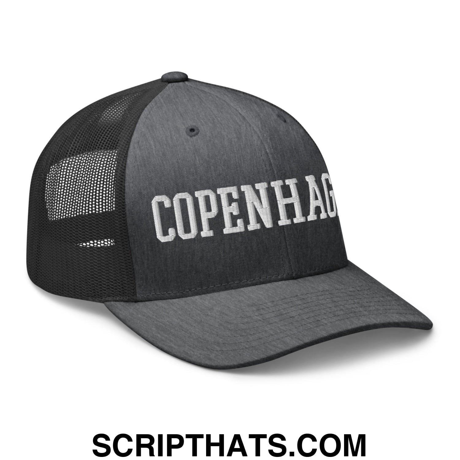 Copenhagen Varsity College Block Embroidered Mesh Trucker Hat Dark Heather Gray