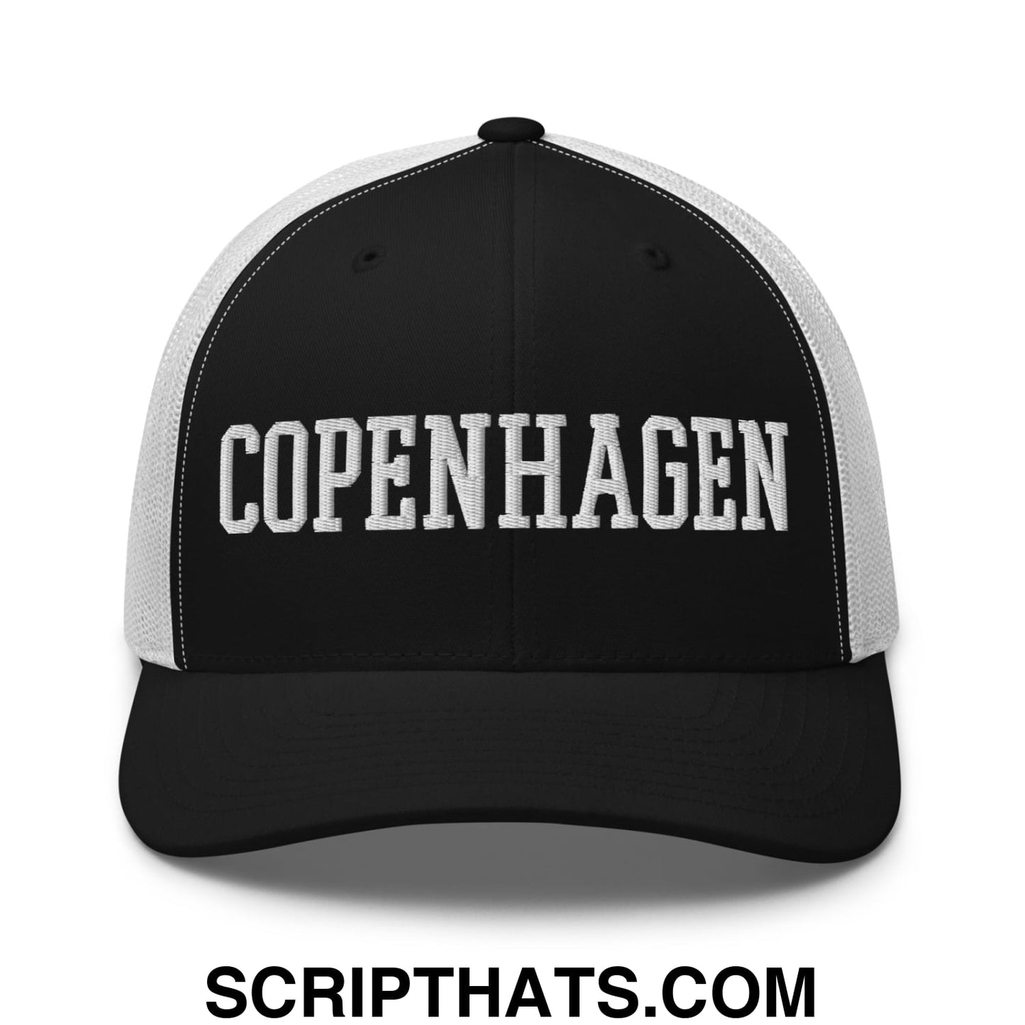 Copenhagen Varsity College Block Embroidered Mesh Trucker Hat Black White