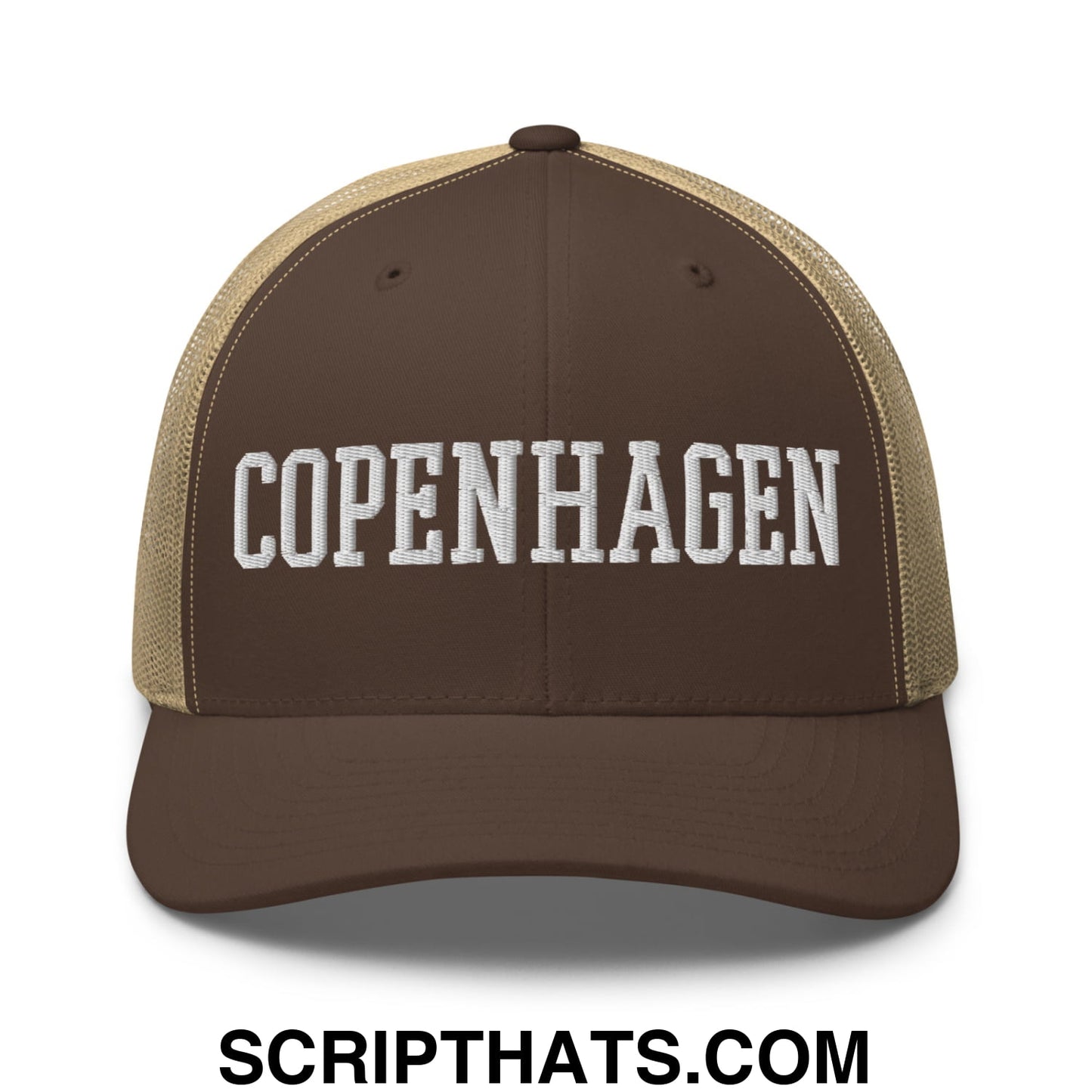 Copenhagen Varsity College Block Embroidered Mesh Trucker Hat Brown Khaki