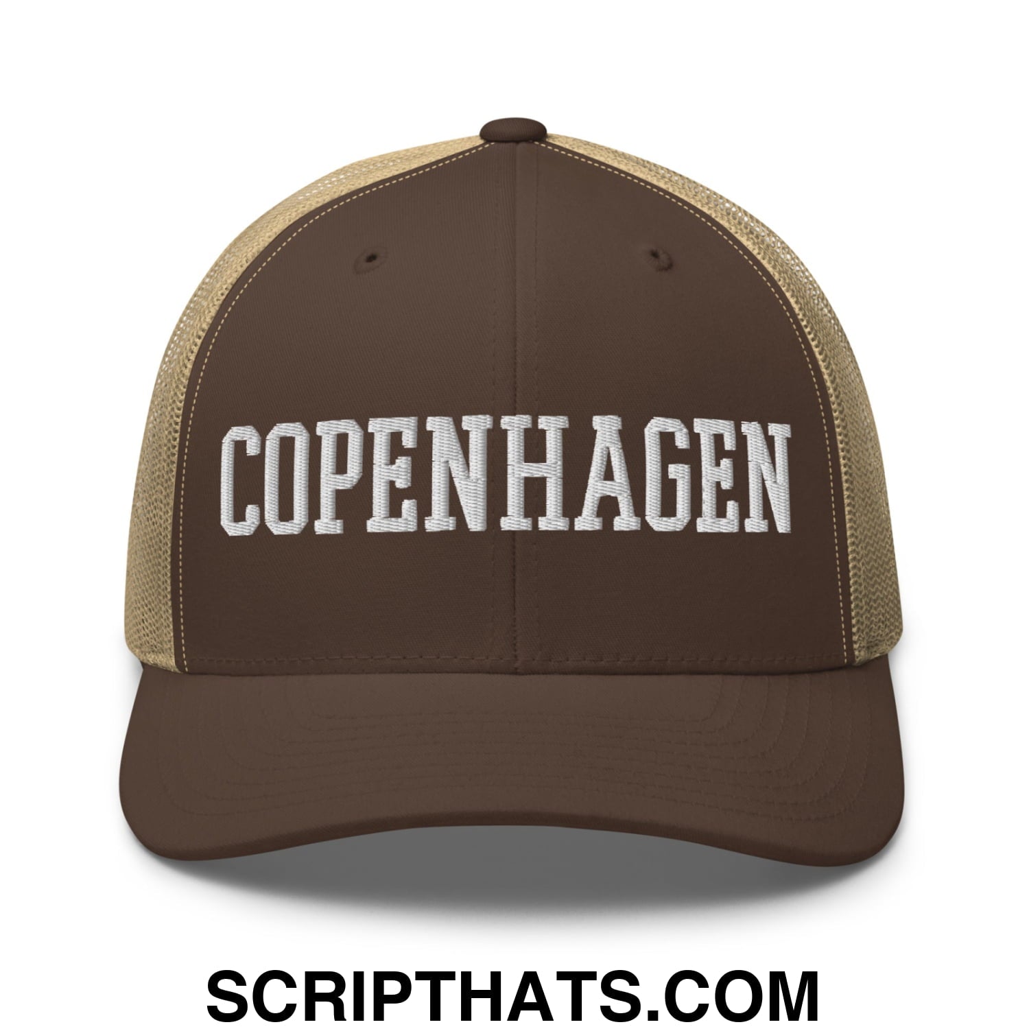 Copenhagen Varsity College Block Embroidered Mesh Trucker Hat Brown Khaki