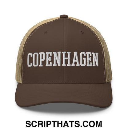 Copenhagen Varsity College Block Embroidered Mesh Trucker Hat Brown Khaki