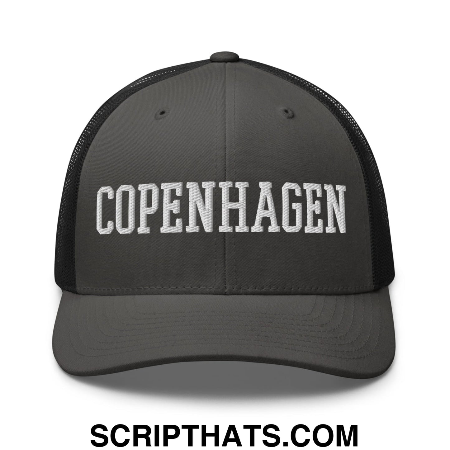 Copenhagen Varsity College Block Embroidered Mesh Trucker Hat Charcoal Black