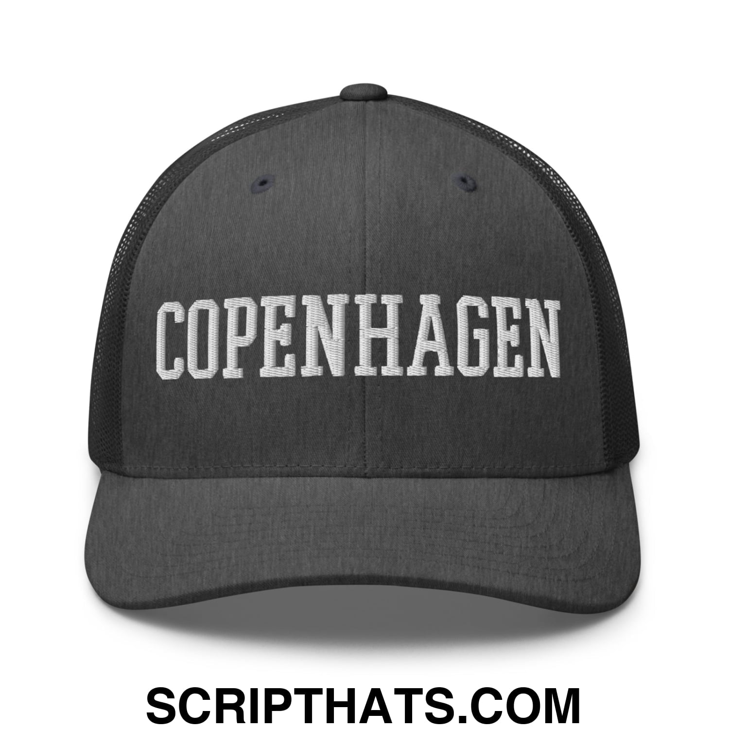 Copenhagen Varsity College Block Embroidered Mesh Trucker Hat Dark Heather Gray