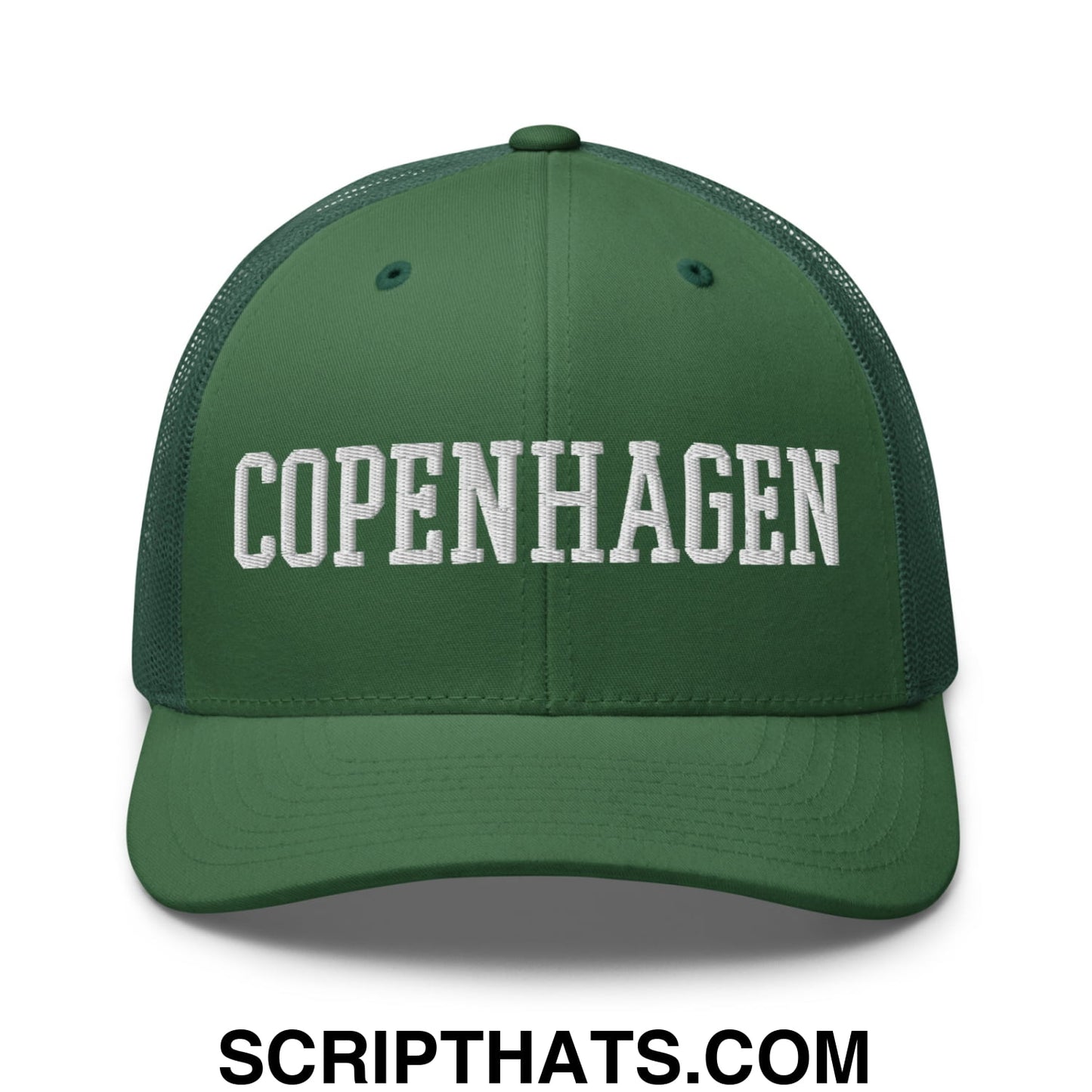 Copenhagen Varsity College Block Embroidered Mesh Trucker Hat Evergreen
