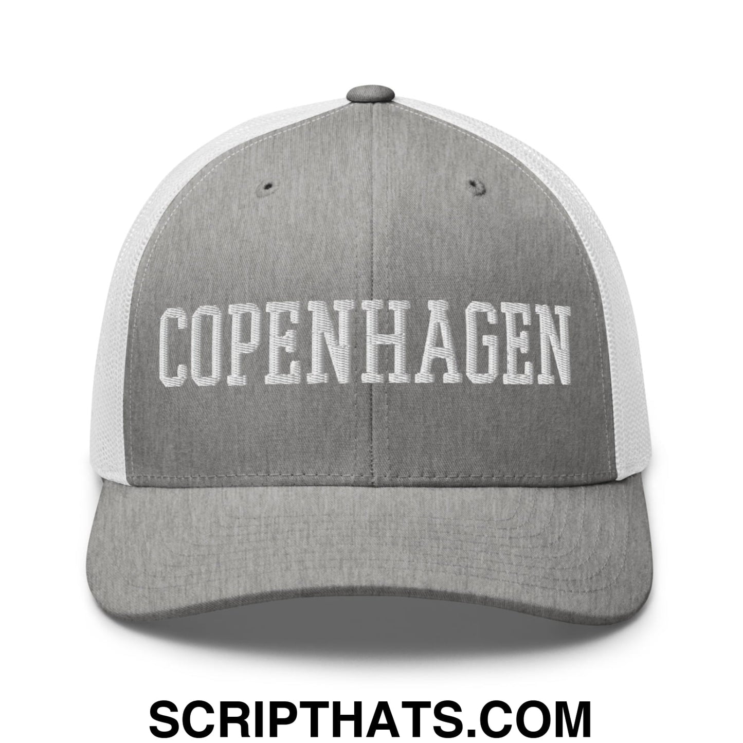 Copenhagen Varsity College Block Embroidered Mesh Trucker Hat Heather Grey White