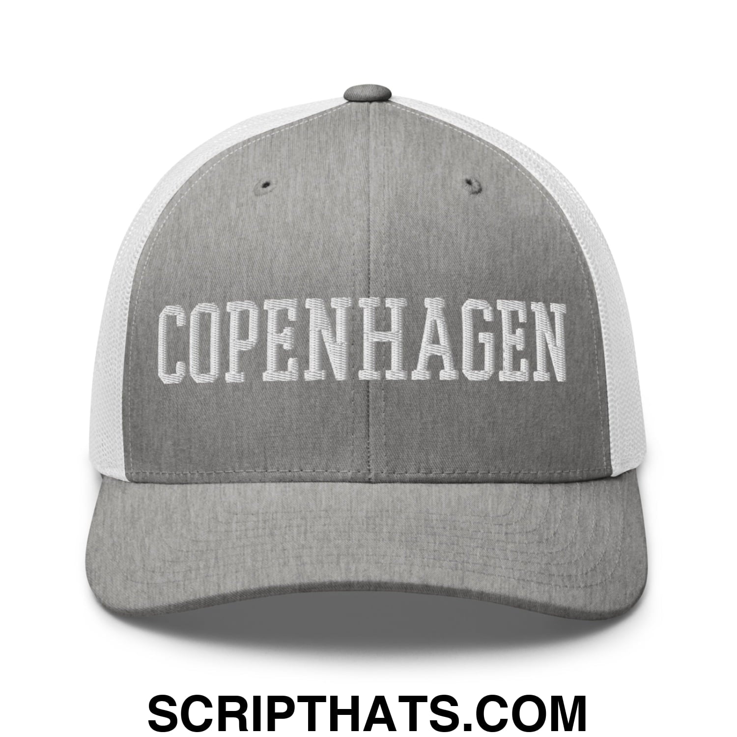 Copenhagen Varsity College Block Embroidered Mesh Trucker Hat Heather Grey White