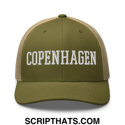 Copenhagen Varsity College Block Embroidered Mesh Trucker Hat Moss Khaki