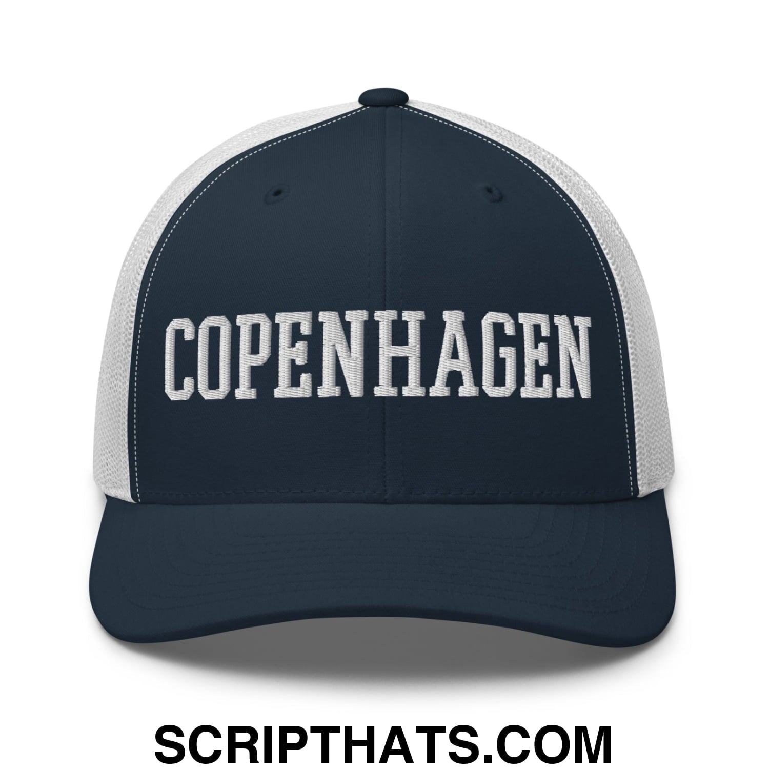 Copenhagen Varsity College Block Embroidered Mesh Trucker Hat Navy White